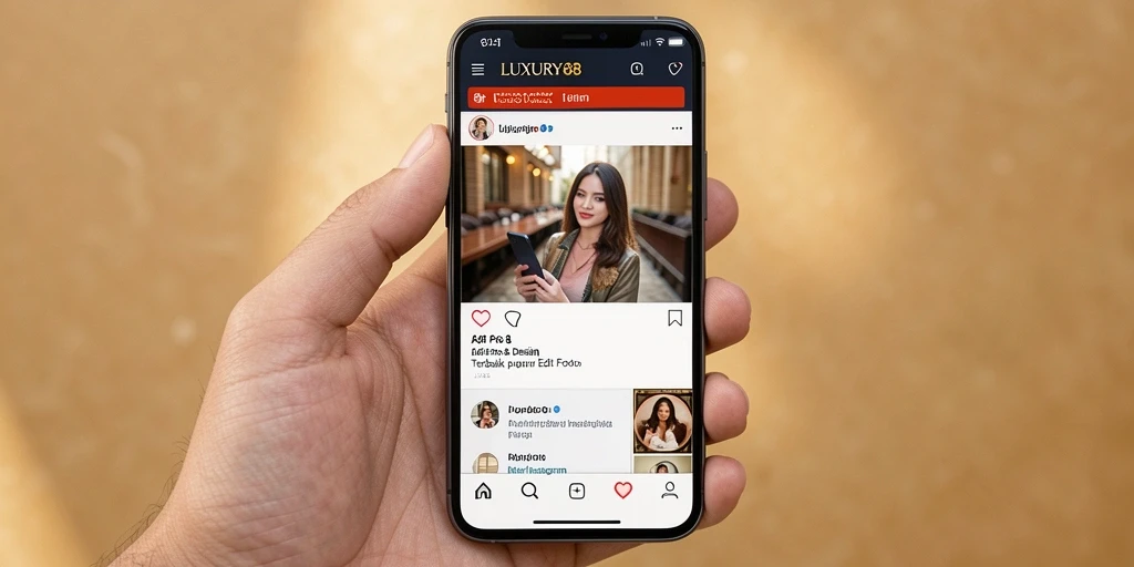 Screenshot aplikasi LUXURY88 yang menunjukkan antarmuka dan filter Instagram.